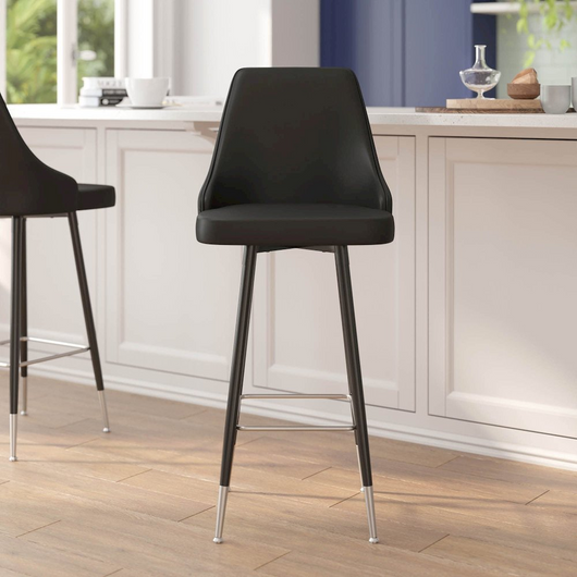 Set of 2 Bar Height Stools - Solid Black Metal Frames, Black LeatherSoft Upholstery