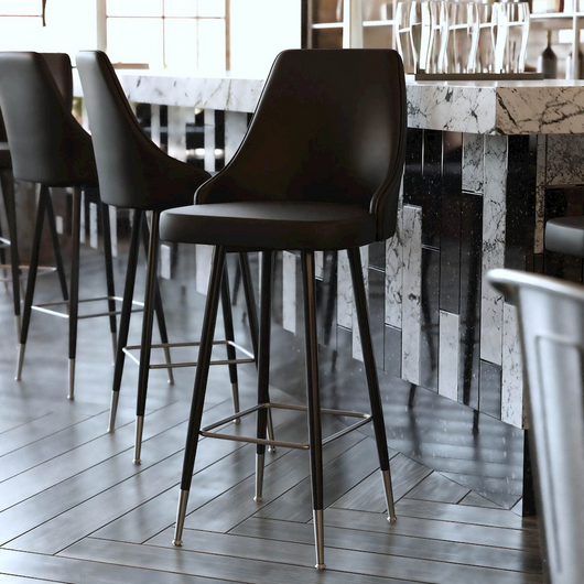 Set of 2 Bar Height Stools - Solid Black Metal Frames, Black LeatherSoft Upholstery