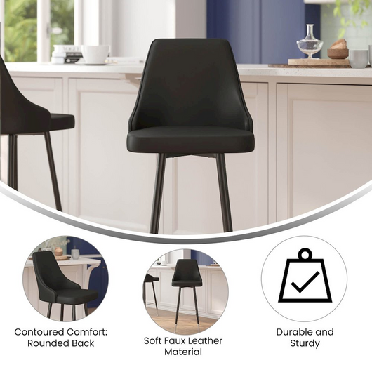 Set of 2 Bar Height Stools - Solid Black Metal Frames, Black LeatherSoft Upholstery