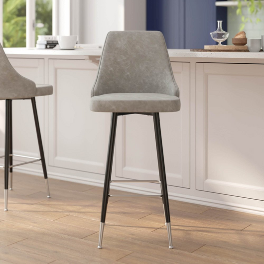 Set of 2 Bar Height Stools - Solid Black Metal Frames, Gray LeatherSoft Upholstery