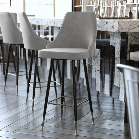 Set of 2 Bar Height Stools - Solid Black Metal Frames, Gray LeatherSoft Upholstery